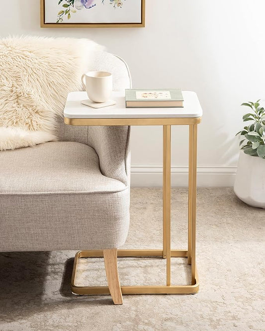 Kate and Laurel Credele Modern Glam Marble C-Table End Table; 12 x 19 x 27; White and Gold; Chic Contemporary TV Tray Table with Metal Legs And Cultured Marble Tabletop