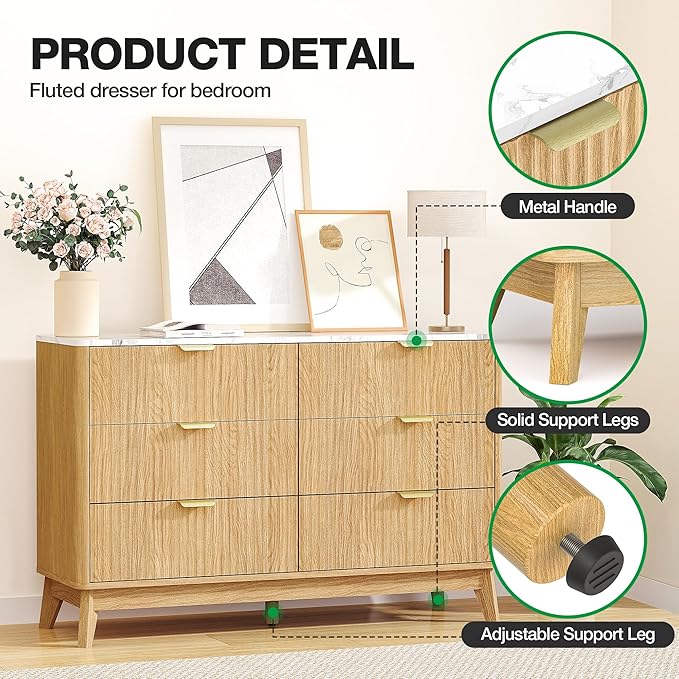 47" Fluted Dresser for Bedroom with Arc-Shaped Corner,6 Drawers,Modern Chest of Drawers with Metal Handle, Wood Closet Clothes Storage Organizer with Curved Edges for Bedroom,Natural