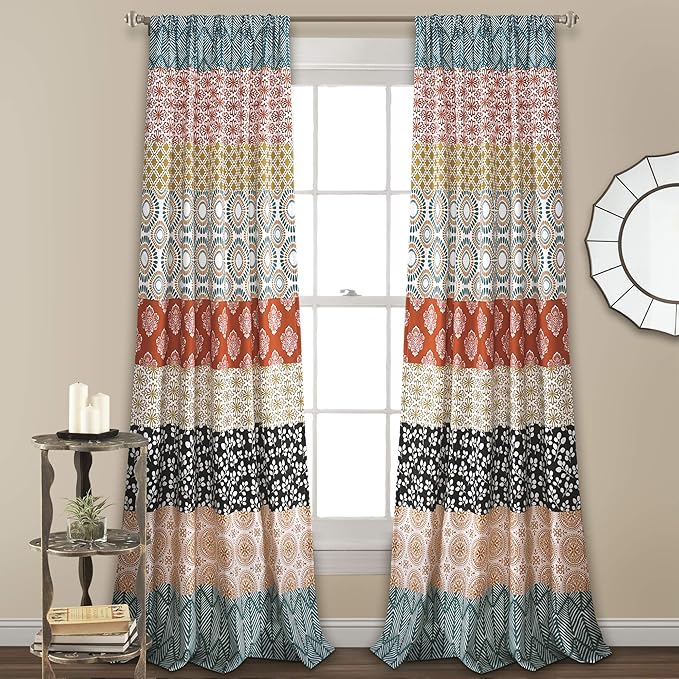 Lush Decor Bohemian Stripe Window Curtain Panels, Pair 52" W x 95" L Turquoise & Orange - Light Filtering Curtains for Bedroom - Boho Curtains - Maximalist Decor