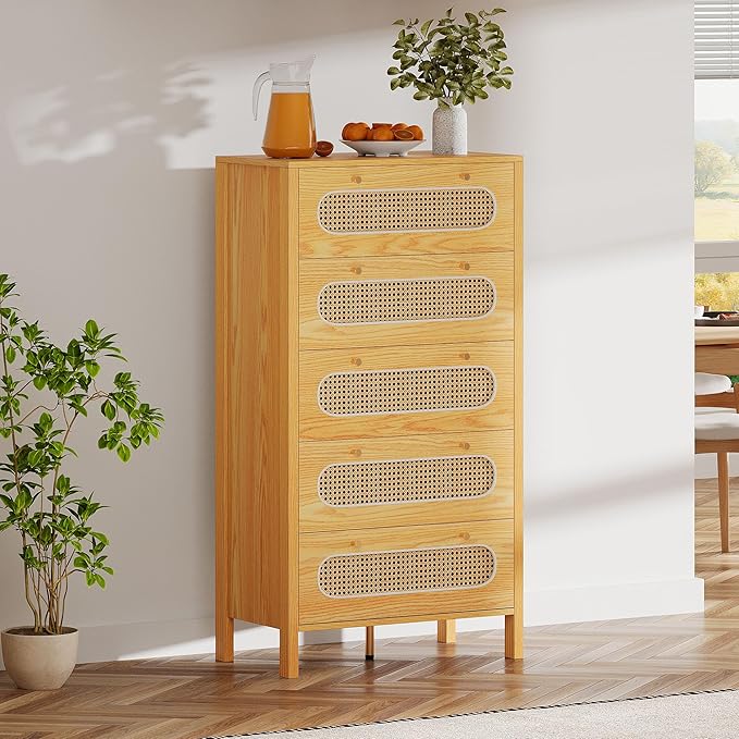 YITAHOME 47" Tall Buffet Sideboard Cabinet 5 Drawer Dresser, Boho Chest of Drawers with Golden Handles, Wood Storage Cabinet for Hallway, Entryway, Hold up to 300lbs - Oak