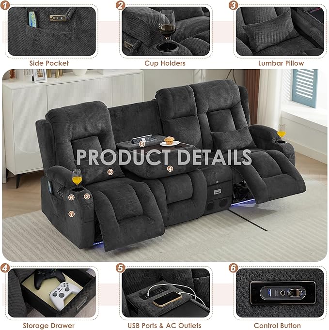 TUNYI Wall Hugger Loveseat Recliner Sofa with Console, Power Reclining Loveseat RV Couch with Massage & Heat/USB/Outlet/Storage/LED Light/Speaker (Dark Grey, 4 Seat)