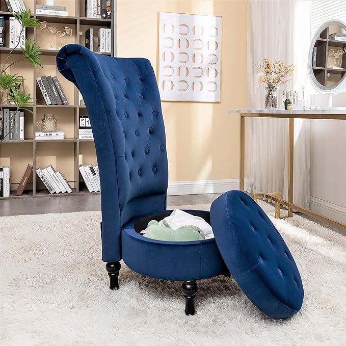 Royal High-Back Velvet Accent Chair for Vanity with Storage and Luxurious Upholstery, Retro Design and Versatile Usage for Living Room, Bedroom, Lounge and Office, Dark Blue