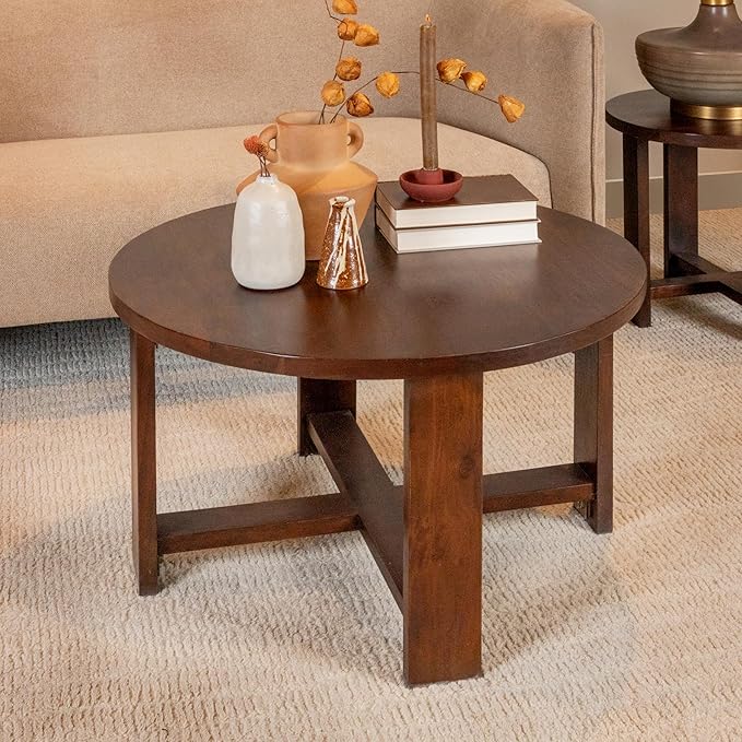 Creative Co-Op Elegant Acacia Trestle Round Coffee Table, Walnut