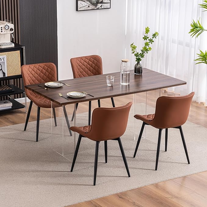 YOUTASTE Coffee Brown Dining Chairs Set of 2 Mid Century Modern PU Leather Diamond Upholstered Accent Guest Dinner Chair with Back Metal Legs for Kitchen Living Reception Waiting Room