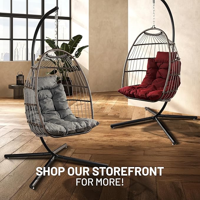 SereneLife Egg Chair with Stand – Hanging Rattan Wicker Swing for Indoor Outdoor Use – 350 lbs Capacity, Breathable Cushion & Headrest – Patio, Balcony, Porch, Bedroom Lounge Furniture