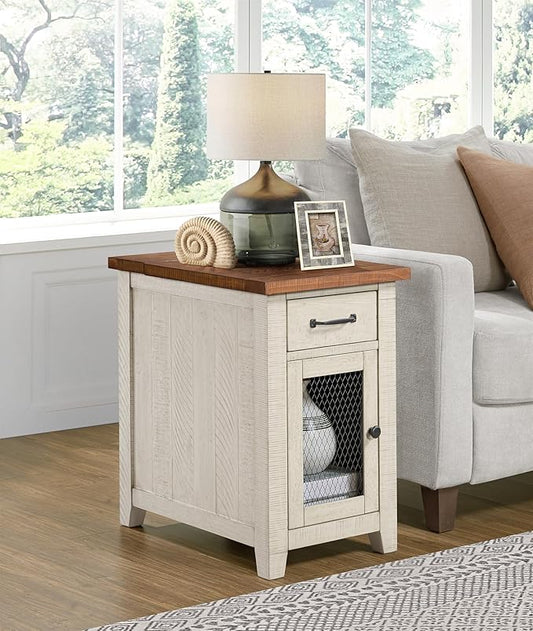Martin Svensson Home Solid Wood White and Honey Rustic Chairside End Table with Power and Storage