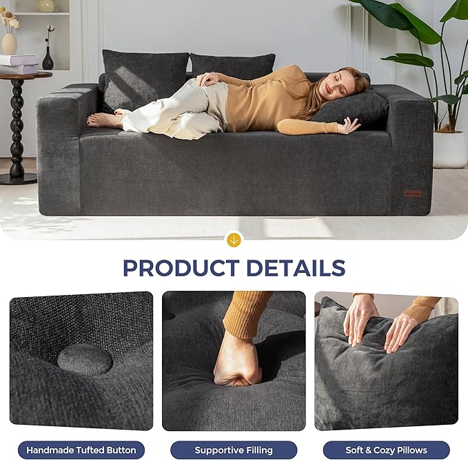 MAXYOYO Modular Sofa Couch, 75" Oversized Loveseat Boneless Cloud Couch with Deep Seat, Chenille Upholstered Living Room Sleeper Sofa Chair for Living Room, No Assembly Required, Dark Grey