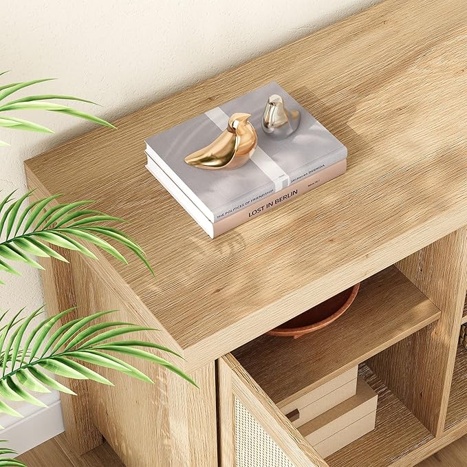 IDEALHOUSE Rattan TV Stand for 65 inch, Natural Oak Entertainment Center with Adjustable Shelves, Boho TV & Media Cabinet 2-Tier Storage for Living Room Bedroom