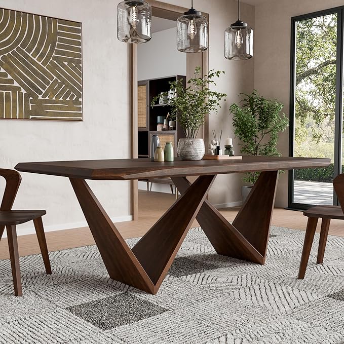 Furniture of America Nazaen III 82.5" Mid-Century Modern Solid Wood Live Edge Dining Table with Steel Support, Walnut Finish, Seats 6–8
