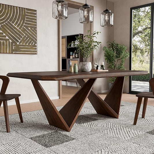 Furniture of America Nazaen III 82.5" Mid-Century Modern Solid Wood Live Edge Dining Table with Steel Support, Walnut Finish, Seats 6–8