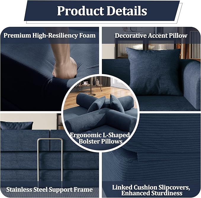 53.15'' Convertible Compressed Corduroy Folding Sofa Bed, Modern Boneless Pull Out Loveseat Sleeper in a Box, 4 in 1 Floor Mattress Futon Cloud Couch, No Assembly Needed, Navy Blue, 2 Pillows, Full