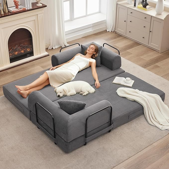 GarveeHome 79" Convertible Sleeper Sofa Bed Couch, 4-in-1 Boneless Corduroy Folding Sofa Bed with Pillow & Fixed-Shape, Floor Mattress Couch Loveseat for Living Room Apartments - No Assembly, Gray
