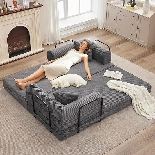GarveeHome 79" Convertible Sleeper Sofa Bed Couch, 4-in-1 Boneless Corduroy Folding Sofa Bed with Pillow & Fixed-Shape, Floor Mattress Couch Loveseat for Living Room Apartments - No Assembly, Gray