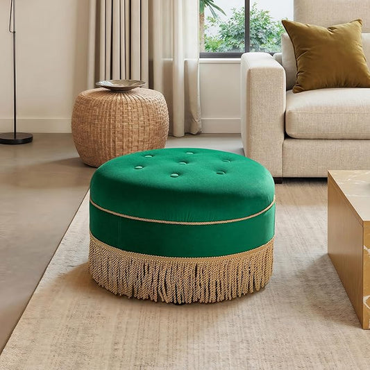 Jennifer Taylor Home Yolanda 24" Round Upholstered Accent Ottoman, Ultramarine Green