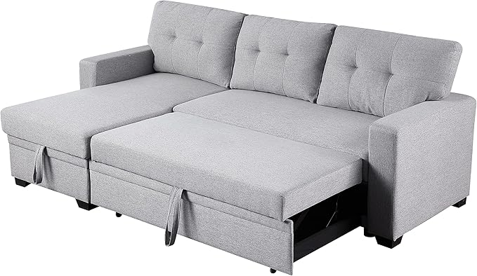 ERYE 82-Inch L-Shaped Pull Out Sleeper Couch Bed, Modern Reversible Sleeper Sectional Sofa Linen Blend Tufted Upholstered Corner Convertible Sofa Bed with Storage Chaise