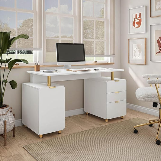 Elegant 56.75" W Executive Desk with 3 Drawers and Storage Cabinet, Modern Office Desk with Gold Accents, Floating Work Surface, Closed Storage with Ventilation & Adjustable Shelf (White,Gold)