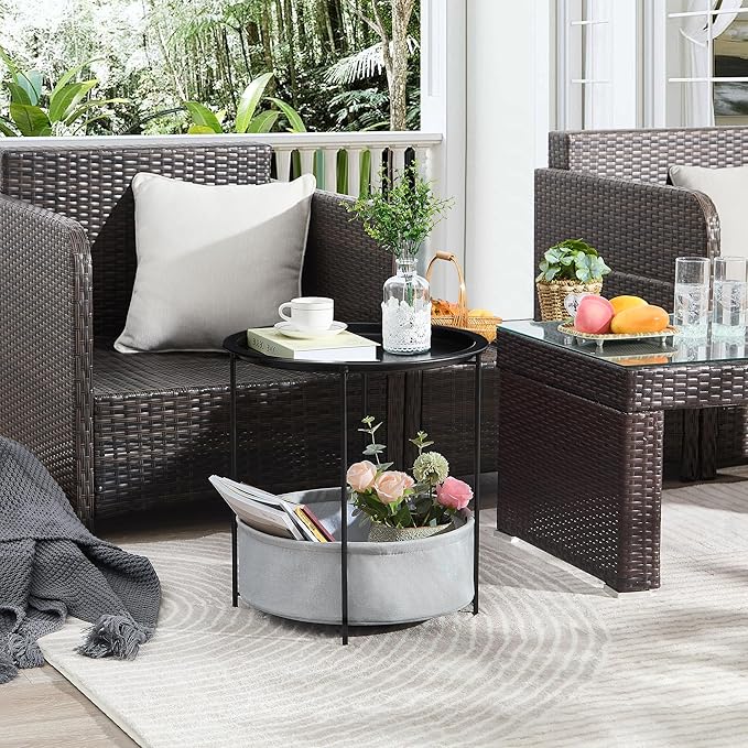 VECELO Round Side/End Table with Fabric Storage Basket，Metal Anti-Rust and Waterproof Small Bedside Nightstand with Removable Tray Top for Living Room，Balcony & Laundry，Black /1pcs with Basket