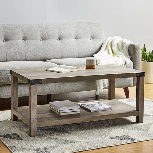 ROCKPOINT Furniture Barn Style Farmhouse Rectangle Accent Coffee Table, Grey wash