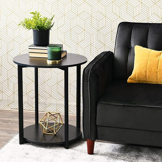 Household Essentials Jamestown Round Side End Table with Storage Shelf Black Oak Wood Grain and Black Metal