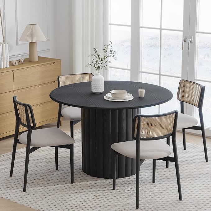 Casaphoria 46" Round Dining Table, Modern Wood Kitchen Table with Wide Column Pedestal Base for Living Room & Dining Room, Easy Assembly Farmhouse Furniture for 4-6, Black