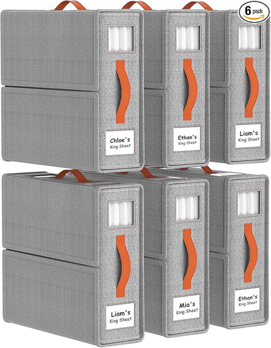 6 Pack Bed Sheet Organizers and Storage(King &Queen Size) with an Elastic Strap, Foldable Closet Linen Sheet Storage Container, Sheet Set Box for Blanket, Duvet Cover and Pillowcase, Grey