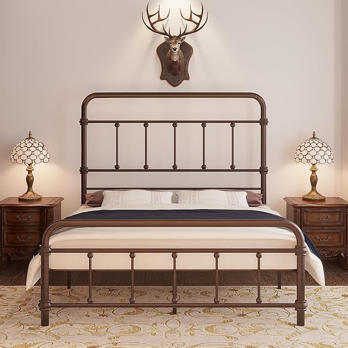 Queen-Bed-Frame with headboard Giselle-Vintage Antique-Metal - Platform Mattress Foundation,49 inch High,No Box Spring Needed(Brown)