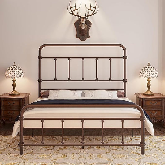Queen-Bed-Frame with headboard Giselle-Vintage Antique-Metal - Platform Mattress Foundation,49 inch High,No Box Spring Needed(Brown)