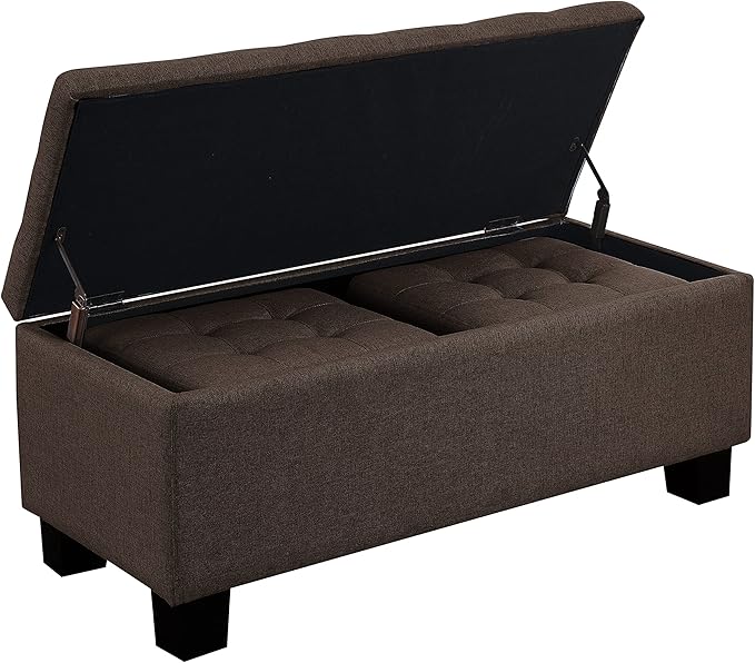 AC Pacific Tina Mid-Century Modern Tufted Storage Bench Lift Top with 2 Matching Ottomans, Upholstered Accent Seating for Living Room or Bedroom, Brown