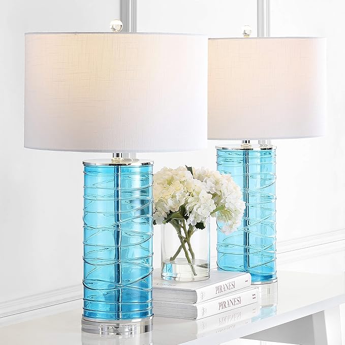 JONATHAN Y 27.5" Turquoise Modern Fused Glass Table Lamp Set of 2 for Bedroom Living Room, Coastal Nightstand Bedside Lamp with White Linen Shade, LED Bulbs Included JYL4016A-SET2