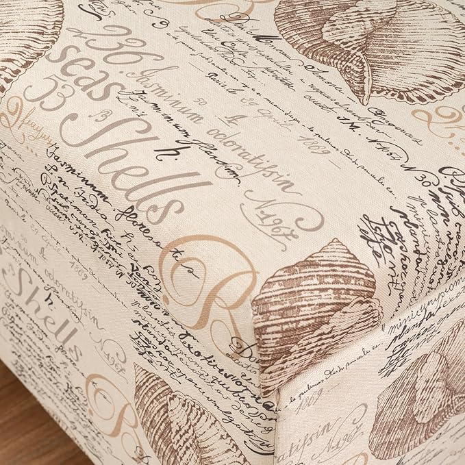 Linon Carmen Ivory and Beige Seashell Upholstered Lift Top Storage Ottoman with Wooden Feet