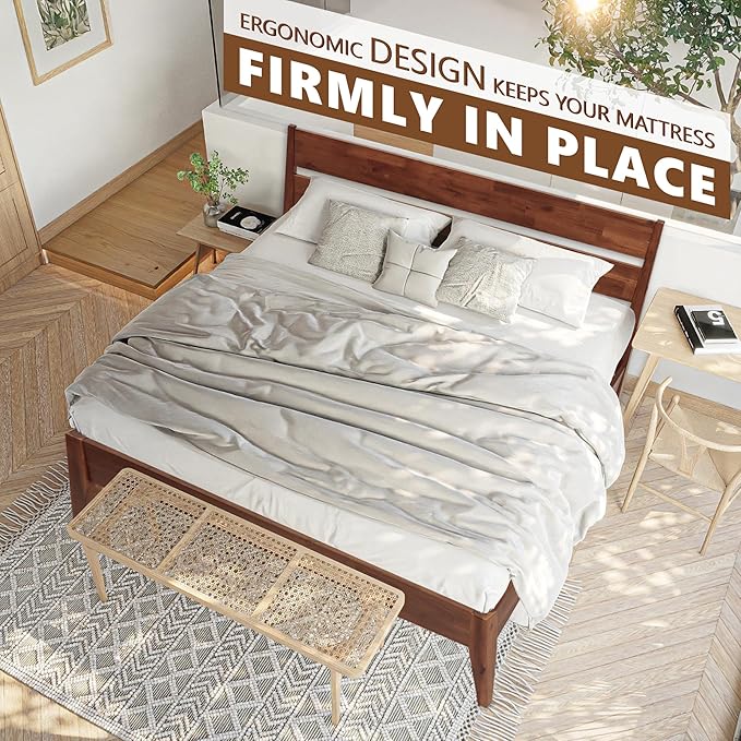 Acacia Emery Bed Frame with Headboard Solid Wood Platform Bed, King Size Bed Frame, Mid - Century Modern Wood Bed Compatible with All Mattresses, Easy Assembly, Non-Slip (Walnut, King)