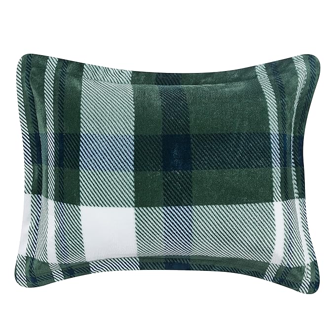 Amazon Basics 3-Piece Ultra-Soft Micromink Sherpa Fleece Bedding Set, Warm All Season Comforter, Full/Queen, Green Plaid