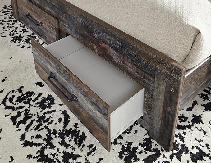 Signature Design by Ashley Drystan Rustic Full Panel Bed with 2 Storage Drawers, Sconce Light and Nailheads, Foundation or Box Spring Needed, Dark Brown & Gray