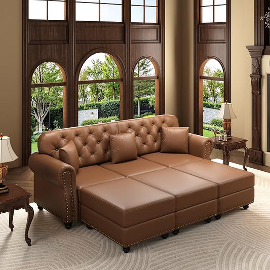 KEIKI 83" Faux Leather Chesterfield Sofa with Rolled Arms & Nailhead Trim & 3 Ottoman, 3-Seater Button Tufted Couch with High Resilience Cushion & 3 Pillow, Easy Assembly, for Living Room, Brown