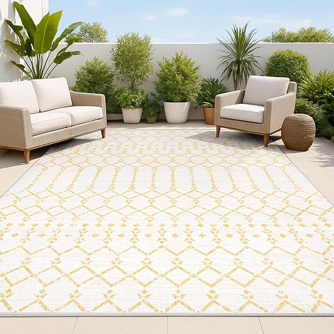 JONATHAN Y Moroccan Geometric Indoor Outdoor Area Rug 8X10 Cream/Yellow, Ourika Textured Weave for Backyard, Patio, Porch, Easy-Cleaning, High Traffic, Pet-Friendly, Non-Shedding (SMB108J-8)
