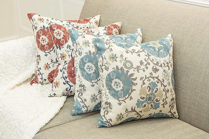 Mika Home Pack of 2 Jacquard Circle Floral Throw Pillow Case Decorative Pillow Cover for 22X22 Inserts Cream Blue