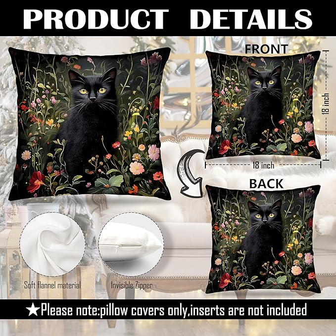 William Morris Inspired Wildflower Black Cat Pillow Covers 18x18, Cat Lover Mom Lady Gifts, Vintage Dark Cottagecore Black Kitten Decorative Throw Pillow Covers for Bedroom Living Room Home