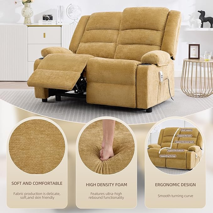 52Inch Power Loveseat Recliner,Electric Reclining Loveseat Sofa,Adjustable Love seat Recliner Sofa for Living Room,Bedroom with Charging Ports (Yellow)