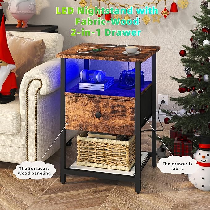 LED Nightstands Set of 2 with Charging Station, Bedside Tables with USB Ports and Outlets, End Table with Fabric-Wood 2-in-1 Drawer for Small Spaces, Vintage Side Table for Bedroom,Living Room