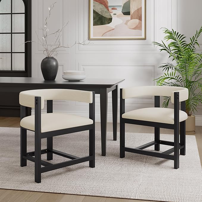 Christopher Knight Home Set of 2 Arley Modern Fabric Upholstered Dining Armchair, Sturdy Wooden Kitchen Side Chair with Ergonomic Backrest and Footrest, Soft Padded Barrel Accent Chair, Beige+Black