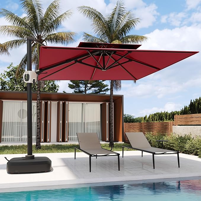 EAST OAK and Flame&Shade Patio Umbrella, 10ft Square Outdoor, Large Offset Cantilever Umbrella with 360° Rotation, Heavy Duty Windproof and UV Resistant Double Top for Pool and Deck, Wine Red