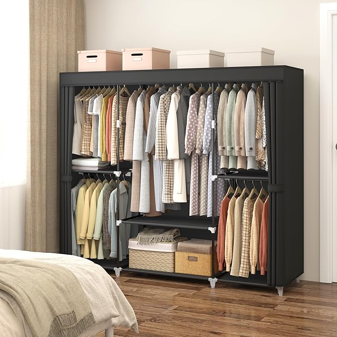 64.5" Closet Wardrobe, Portable Closet for Bedroom, Freestanding Clothes Rack with Non-Woven Fabric Cover, 5 Hanging Rods, 6 Storage Shelves, Clothes Storage Organizer, Black