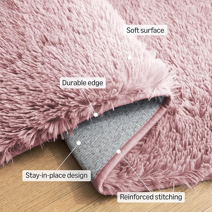 Amazon Basics Fluffy Washable Area Rug, Shaggy Carpet for Living Room, Bedroom, 8' W × 10' L, Pink