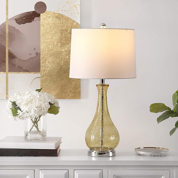 SAFAVIEH Lighting Collection – Finnley Modern Amber Crackle Glass 28-Inch Table Lamp, LED Bulb Included, Bedroom Living Room Home Office Nightstand Desk (TBL4206B)