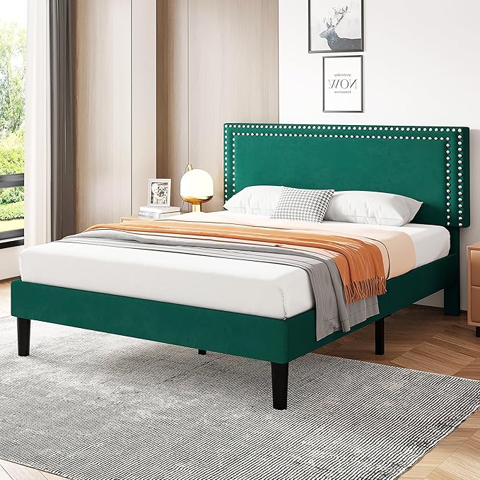 VECELO Full Size Bed Frame with Adjustable Upholstered Headboard, Wooden Slats Platform, Noise-Free Design, Easy Assembly