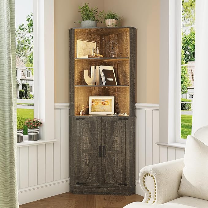 Farmhouse Corner Cabinet with LED Light, 67" Tall Bathroom Cabinet with 2 Doors and 3 Tier Shelves, Free Standing Corner Storage Cabinet for Living Room or Kitchen, Rustic Brown