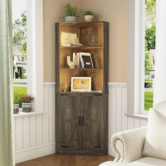 Farmhouse Corner Cabinet with LED Light, 67" Tall Bathroom Cabinet with 2 Doors and 3 Tier Shelves, Free Standing Corner Storage Cabinet for Living Room or Kitchen, Rustic Brown