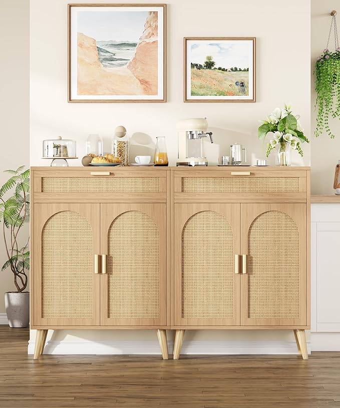 Rattan Buffet Cabinet with Storage, Sideboard with Drawer & Adjustable Shelf, Accent Kitchen Floor Storage Cabinet with 2 Doors & Solid Wood Feet, Coffee Bar for Living Room, Entryway, Natural Oak