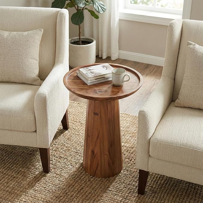 SIMPLIHOME Dayton End Table - 13 inch Wide Solid Acacia Wood Round Accent Table in Pecan Brown, Handcrafted Contemporary Nightstand or Lamp Stand for Living Room with Textured Finish, Assembled