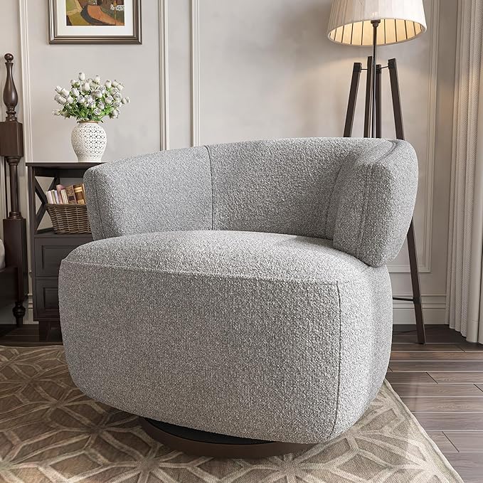 Swivel Barrel Chair, Oversized Accent Chair for Living Room，Lounge Sofa Chair with 360-Degree Base, Upholstered Reading Chair, Modern Round Club Chair for Bedroom, Office, Grey